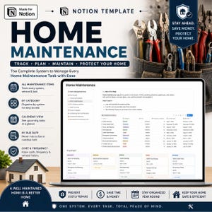 May include: A digital Notion template for home maintenance displayed on a laptop screen. The interface shows a task log, service history, and categories for plumbing, electrical, and HVAC. The background features tools in a pouch and a house model.