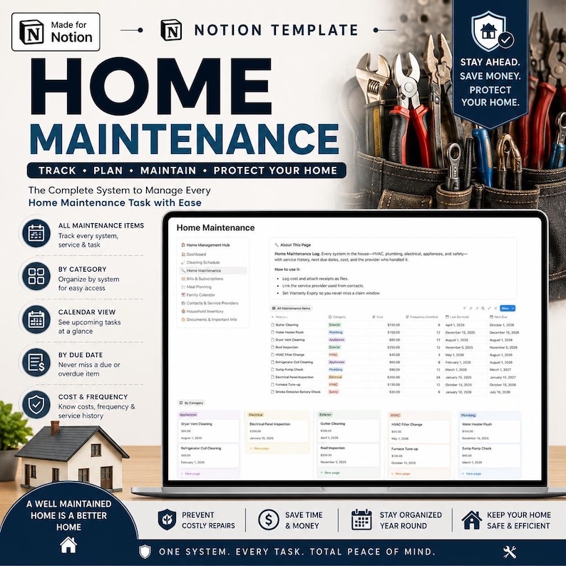 May include: A digital Notion template for home maintenance displayed on a laptop screen. The interface shows a task log, service history, and categories for plumbing, electrical, and HVAC. The background features tools in a pouch and a house model.