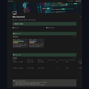 Può includere: Una dashboard digitale a tema scuro intitolata DevJournal con un'intestazione di frammenti di codice, collegamenti rapidi, una galleria di registri giornalieri con valutazioni a stelle e una tabella di riepilogo settimanale.
