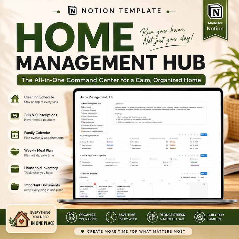 May include: A digital Notion template titled Home Management Hub, featuring a laptop screen displaying a dashboard with sections for cleaning schedules, bills, subscriptions, and a family calendar, alongside icons and text for home organization.