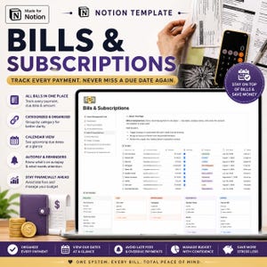 May include: A digital Notion template for tracking bills and subscriptions, featuring a laptop screen displaying a financial dashboard with tables and categories, alongside a stack of gold coins and a purple planner on a desk surface.