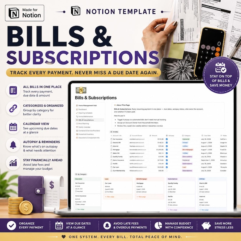 May include: A digital Notion template for tracking bills and subscriptions, featuring a laptop screen displaying a financial dashboard with tables and categories, alongside a stack of gold coins and a purple planner on a desk surface.