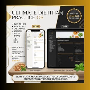 Pode incluir: Um planejador digital intitulado Ultimate Dietitian Practice OS exibido em um smartphone e tablet. Os recursos incluem um hub de clientes, planos de refeições, valores laboratoriais, notas de sessão, calendário e registro de sintomas.