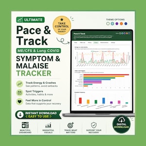 May include: A digital Pace & Track symptom and malaise tracker for ME/CFS and Long COVID displayed on a laptop screen. The interface features charts for energy, crash severity, and symptom frequency, with text options for theme, download, and tracking.