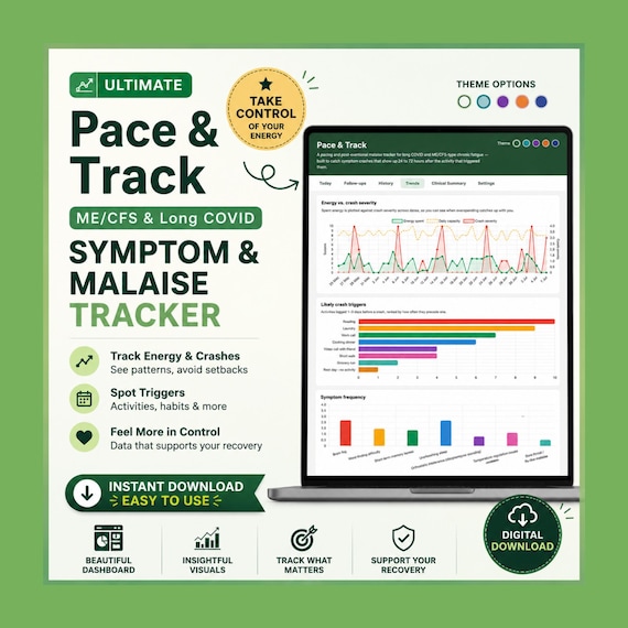 Long Covid Tracker, Chronic Fatigue Symptom Log, ME/CFS Pacing Planner, Post Exertional Malaise Crash Tracker, Spoon Theory Digital App