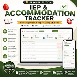 May include: A digital IEP and Accommodation Tracker for teachers, displayed on a laptop and smartphone screen. The interface shows student data, upcoming review dates, and goal tracking. Icons include a red backpack, book, and target.