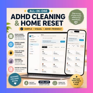 App per la pulizia per ADHD, pianificatore digitale per il riassetto domestico, timer per il raddoppio del corpo, strumento interattivo con lista di controllo, download immediato, cura di sé per neurodivergenti