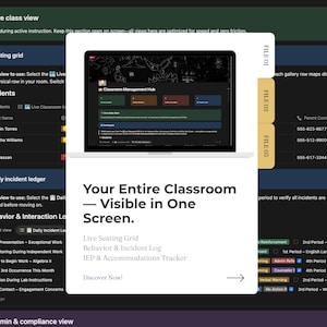 Könnte beinhalten: Eine digitale Benutzeroberfläche mit einer Laptop-Grafik am oberen Rand. Der Text lautet: Your Entire Classroom — Visible in One Screen. Live Seating Grid, Behavior & Incident Log, IEP & Accommodations Tracker. Discover Now! mit einem Pfeilsymbol.