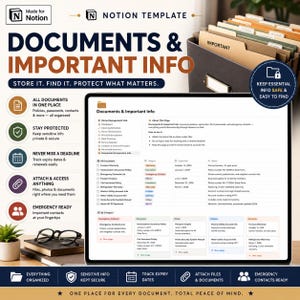 May include: A digital Notion template titled Documents & Important Info displayed on a tablet screen. The interface features organized tables for insurance, warranties, and passwords. The layout includes icons for categories like home management, emergency contacts, and document storage, with a dark file organizer visible in the background.