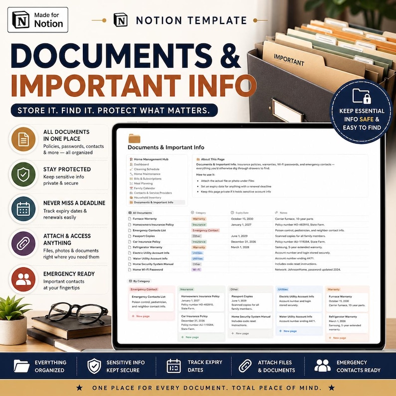May include: A digital Notion template titled Documents & Important Info displayed on a tablet screen. The interface features organized tables for insurance, warranties, and passwords. The layout includes icons for categories like home management, emergency contacts, and document storage, with a dark file organizer visible in the background.