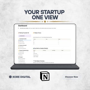 May include: A digital dashboard interface titled YOUR STARTUP ONE VIEW displayed on a laptop screen. The layout includes sections for Startup Founder OS, Today's Focus, Key Metrics, and This Week's Priorities. The Kore Digital logo and Notion icon are visible.