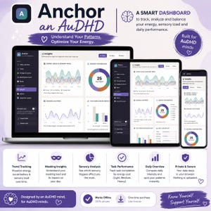 May include: A digital dashboard interface titled Anchor an AuDHD displayed on a laptop, tablet, and smartphone. The screens show data visualizations including line graphs, bar charts, and pie charts for tracking energy, sensory load, and daily tasks.