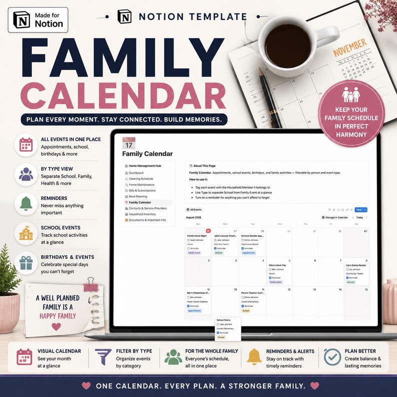 May include: A digital Notion template for a family calendar displayed on a laptop screen, featuring a monthly view with color-coded events, task lists, and organizational categories. The layout includes text headers, icons, and a note stating A well planned family is a happy family.