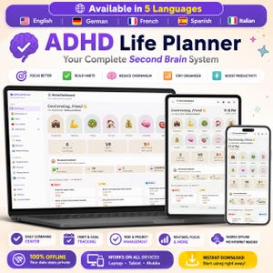 ADHD Digital Planner, Life planner app, Second Brain, Habit Tracker Mood Log Focus Timer Goal Planner, Multi Language Productivity Tool