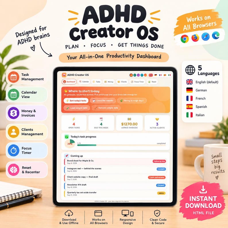 May include: A digital productivity dashboard titled ADHD Creator OS displayed on a tablet screen. The interface features sections for task management, calendar, money, clients, and a focus timer, with text including Plan, Focus, Get Things Done.