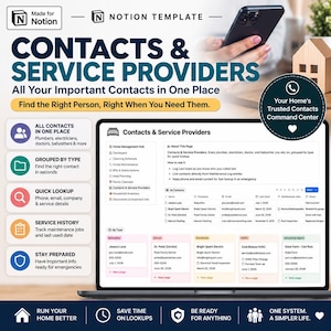 May include: A digital Notion template titled Contacts & Service Providers displayed on a laptop screen. The interface features a table for contact details, service history, and maintenance logs, organized by categories like plumber and electrician.