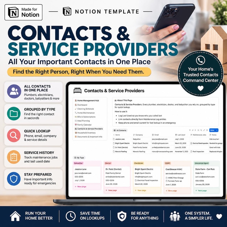 May include: A digital Notion template titled Contacts & Service Providers displayed on a laptop screen. The interface features a table for contact details, service history, and maintenance logs, organized by categories like plumber and electrician.