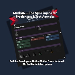 Könnte beinhalten: Eine dunkel gehaltene Softwareoberfläche mit dem Text "StackOS - The Agile Engine for Freelancers & Tech Agencies." Die Oberfläche enthält Abschnitte für die Arbeitsbereichskontrolle, Finanzanalysen und aktive Sprints. Der Text "Built for Developers, Notion Native Forms Included, No 3rd Party Subscriptions" ist ebenfalls sichtbar.