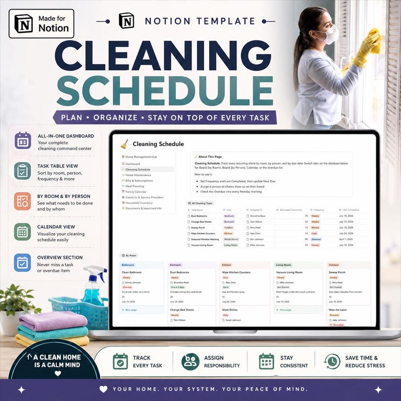 May include: A digital Notion template for a cleaning schedule displayed on a laptop screen. The interface features task tables, room-based views, and calendar options. Text includes "Cleaning Schedule," "Plan," "Organize," and "Stay on top of every task."