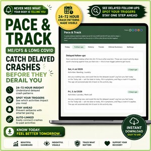 Puede incluir: Una interfaz digital para la aplicaci&oacute;n Pace & Track en la pantalla de una computadora port&aacute;til, con un panel para monitorear s&iacute;ntomas de EM/SFC y COVID persistente, incluyendo texto sobre patrones de crisis de 24-72 horas y registros.