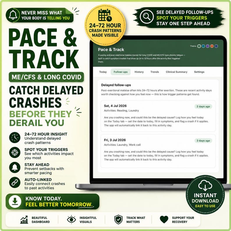 Puede incluir: Una interfaz digital para la aplicaci&oacute;n Pace & Track en la pantalla de una computadora port&aacute;til, con un panel para monitorear s&iacute;ntomas de EM/SFC y COVID persistente, incluyendo texto sobre patrones de crisis de 24-72 horas y registros.