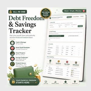 May include: A digital debt freedom and savings tracker interface displayed on a tablet screen, featuring sections for debt management, payoff strategies, and visual progress. The design includes a green wallet, gold coins, and text overlays.