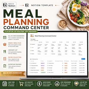 May include: A digital Notion template titled Meal Planning Command Center displayed on a laptop screen. The interface features a weekly meal plan grid, a task list, and icons for a dashboard, grocery list, recipe collection, and nutrition tracker.
