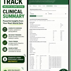 Puede incluir: Una tableta digital muestra la interfaz de resumen cl&iacute;nico Pace & Track para ME/CFS y COVID persistente. La pantalla presenta un panel con frecuencia de s&iacute;ntomas, resumen de crisis y registros de actividad con encabezados como Clinical Summary.