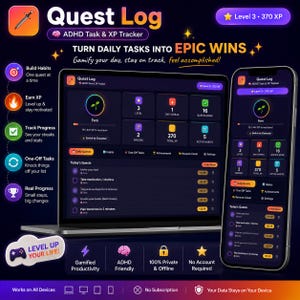Puede incluir: Una interfaz digital para el Quest Log ADHD Task & XP Tracker en una laptop y un teléfono inteligente. El panel oscuro muestra iconos para hábitos, XP y misiones, con texto que incluye Level 3, 370 XP y Turn Daily Tasks Into Epic Wins.