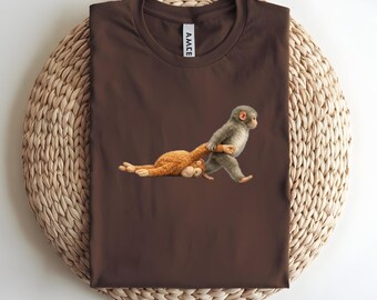 Funny Monkey Punch Dragging Plush Toy T-Shirt Cute Animal Meme Black Tee