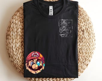 Super Mario Blueprint Graphic T-Shirt Vintage Gaming Black Tee