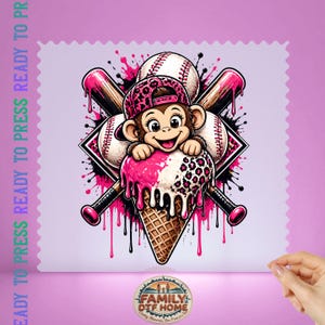May include: A graphic print featuring a cartoon monkey wearing a pink leopard print baseball cap, positioned behind a melting ice cream cone. Two crossed baseball bats and two baseballs are in the background with pink paint splatters.