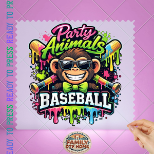 May include: A graphic print featuring a smiling monkey wearing sunglasses and a green bow tie, positioned between two crossed baseball bats. The design includes the text Party Animals and BASEBALL with colorful paint drips and splatters.