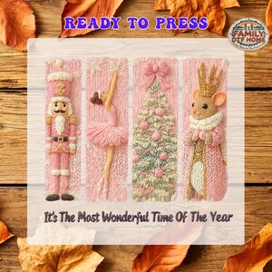 Faux Embroidery Pink Nutcracker DTF Transfer, Cute Ballerina Christmas Tree Ready to Press, Holiday Heat Transfer, Girl Christmas Dtf Print