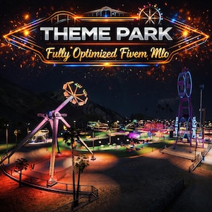 Może przedstawiać: Nocny widok parku rozrywki z różnymi podświetlonymi atrakcjami, w tym diabelskim młynem i wahadłem. Słowa "THEME PARK" i "Fully Optimized Fivem Mlo" wyświetlane są w świecącej, stylizowanej czcionce na tle gwiaździstego nieba.