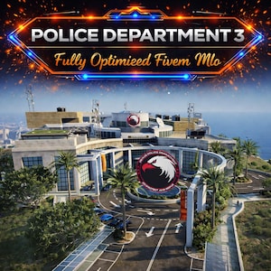 Może przedstawiać: Widok z lotu ptaka na nowoczesny budynek wydziału policji z tekstem "POLICE DEPARTMENT 3" i "Fully Optimized Fivem Mlo" w świecącym, futurystycznym designie. Budynek ma okrągły kształt z palmami i tłem nadmorskim.