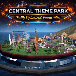 Może przedstawiać: Widok z lotu ptaka na wyspę parku rozrywki z kolejką górską, diabelskim młynem i innymi atrakcjami. Tekst "CENTRAL THEME PARK" wyświetlany jest świecącą, futurystyczną czcionką, z napisem "Fully Optimieed Fivem Mlo" poniżej.