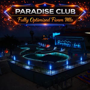 Może przedstawiać: Podświetlany znak głosi "PARADISE CLUB" z tekstem "Fully Optimized Fivem Mlo" poniżej. Obraz przedstawia nocną scenę klubu z basenem, palmami i niebieskimi neonami. Ogólnym tematem jest wirtualne doświadczenie nocnego życia.