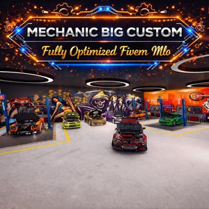 May include: A garage interior featuring multiple cars in shades of orange, green, and red, with open bonnets. The image includes the text "MECHANIC BIG CUSTOM" and "Fully Optimized Fivem Mlo" in a neon-style font, set against a dark background.