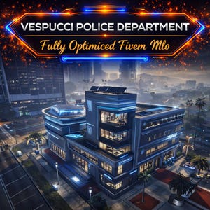 Może przedstawiać: Cyfrowe renderowanie budynku Vespucchi Police Department. Budynek ma nowoczesny design z niebieskimi neonowymi akcentami i dużymi oknami. Obraz zawiera tekst "Vespucchi Police Department" i "Fully Optimized Fivem Mlo".