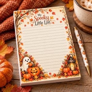 May include: A rectangular notepad with lined paper featuring the text My Spooky Little List. The border is decorated with autumn leaves, a white ghost, orange pumpkins, and a lantern. A matching pen with a pumpkin print rests beside it.