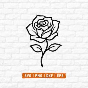 Peut inclure: Une illustration en trait noir représentant une rose unique avec une tige et deux feuilles. Sous la fleur, une étiquette rectangulaire orange contient le texte blanc SVG | PNG | DXF | EPS, indiquant les formats de fichiers disponibles.