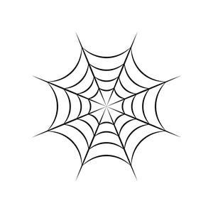 May include: A black and white graphic illustration of a spider web. The design features a central point with eight radiating lines connected by concentric, curved segments, creating a symmetrical, geometric web pattern on a plain background.