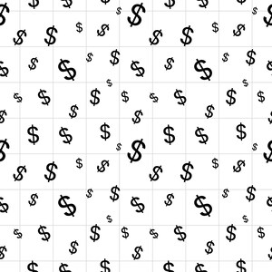 May include: A repeating pattern of black dollar signs scattered across a white background. The design features a thin, light gray grid overlaying the entire surface, creating a structured look with various sizes of the currency symbol.