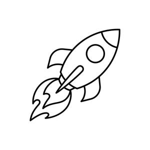 Puede incluir: Una ilustración de arte lineal en blanco y negro de un cohete orientado hacia arriba. El cohete presenta una punta cónica, una ventana circular, dos aletas laterales y una estela de llamas de escape en la base, todo en contornos simples.