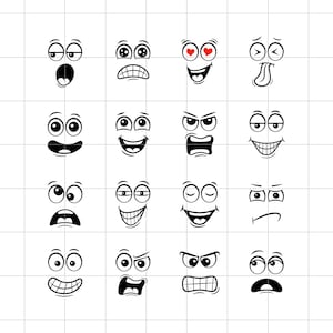 May include: A grid of sixteen black and white cartoon facial expressions featuring various eyes and mouths. The set includes faces showing emotions like joy, anger, surprise, confusion, and love, depicted with simple lines on a white background.