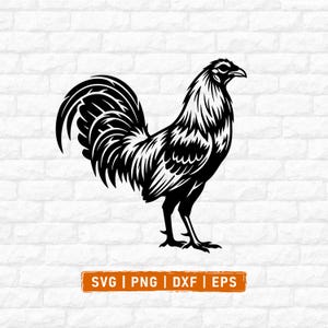 May include: A black and white graphic illustration of a rooster standing in profile, featuring detailed feather patterns and a sharp beak. Below the rooster, an orange rectangular label contains the white text SVG | PNG | DXF | EPS.