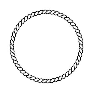 May include: A circular frame composed of a single continuous length of twisted rope. The design features a black outline against a white background, creating a simple, uniform, and symmetrical ring shape formed by the braided texture of the rope.