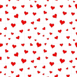 May include: A repeating pattern of solid red hearts of varying sizes scattered across a plain white background. The hearts are oriented in different directions, creating a consistent and uniform graphic design across the entire surface area.