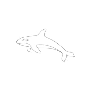 Peut inclure: Un dessin au trait simple en noir et blanc représentant une orque. L'illustration montre la nageoire dorsale, les nageoires pectorales et la nageoire caudale distinctives du mammifère marin, tracées avec des lignes nettes sur un fond blanc.